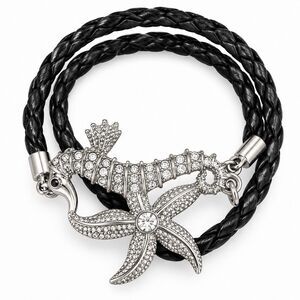 Black Braided Seahorse Starfish Bracelet Silver Tone Crystal Rhinestone Wrap